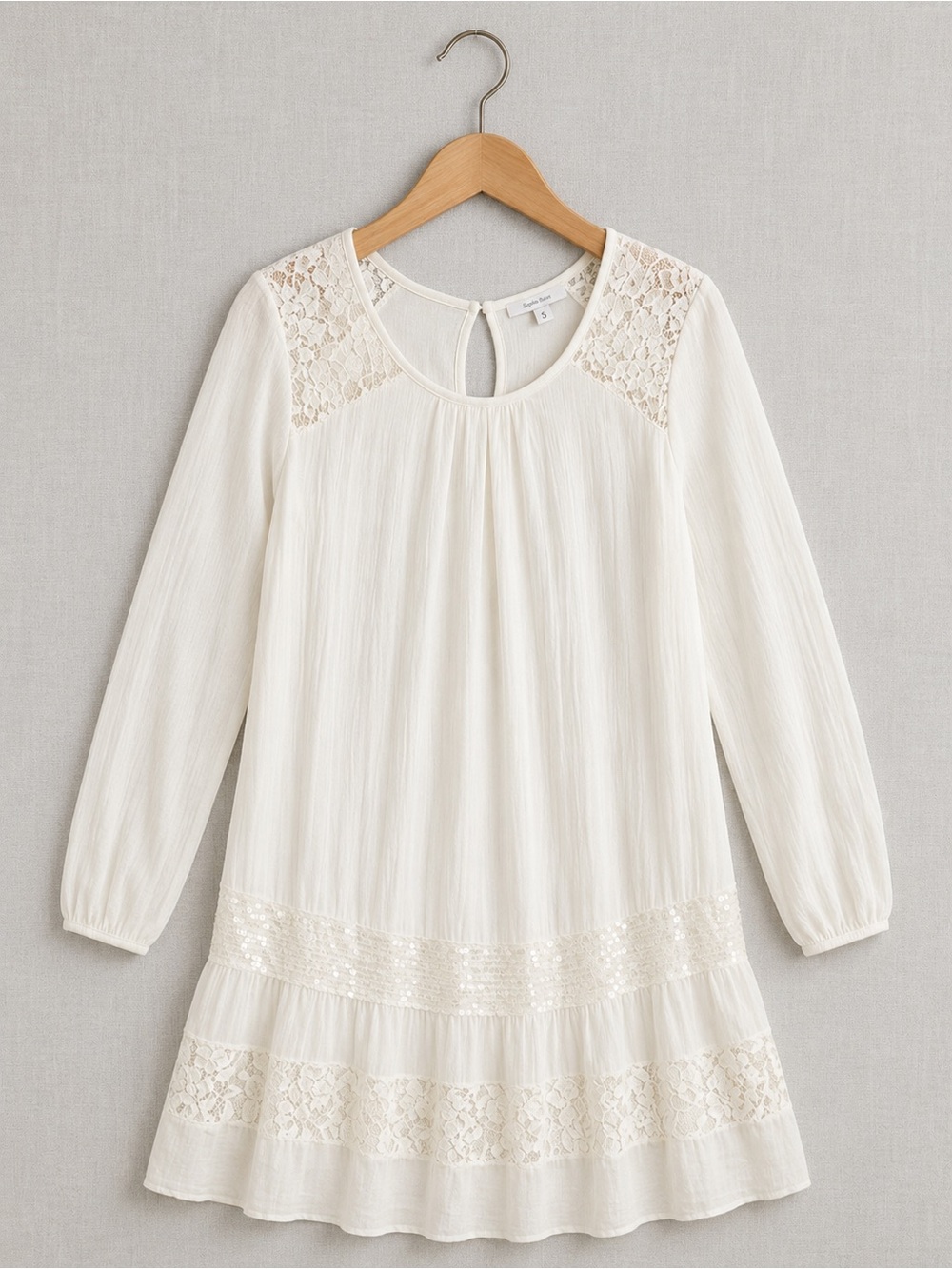 LINE Italy Romantic White Lace & Silk Pleated Midi Dress - Long Sleeve